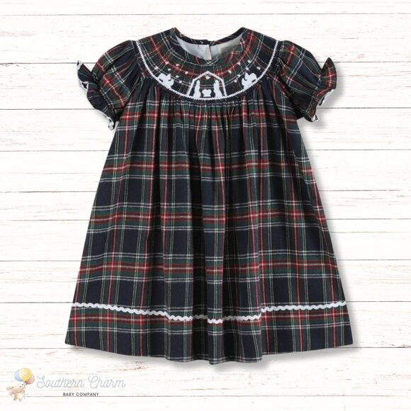 Southern Charm Baby Co Other - Navy Tartan Nativity Scene Smocked Dress